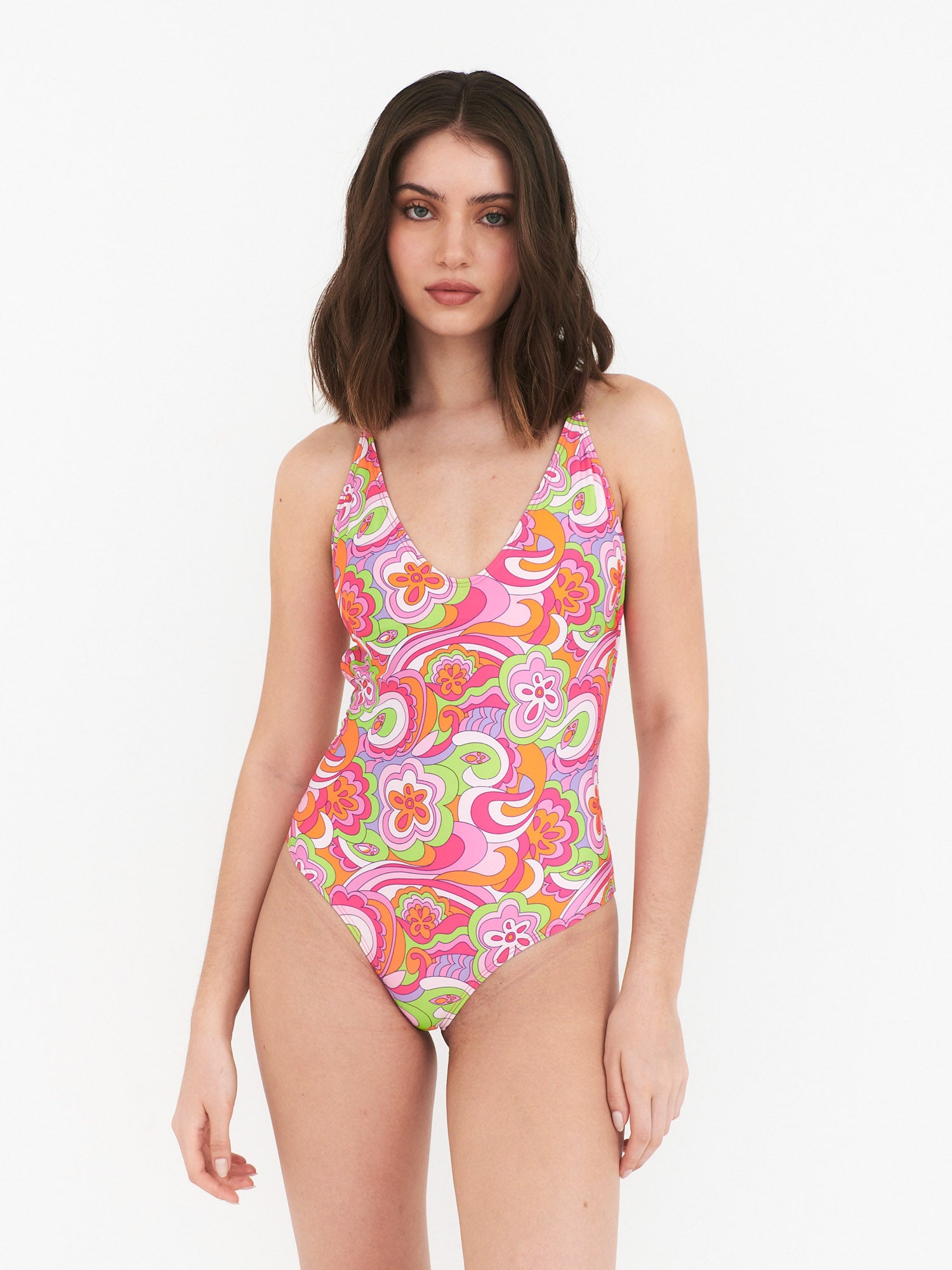 Traje de Baño Daikiri Mujer Espalda Rebajada Psicodelico Naranjo Flúor Protección UV50+ Tercera