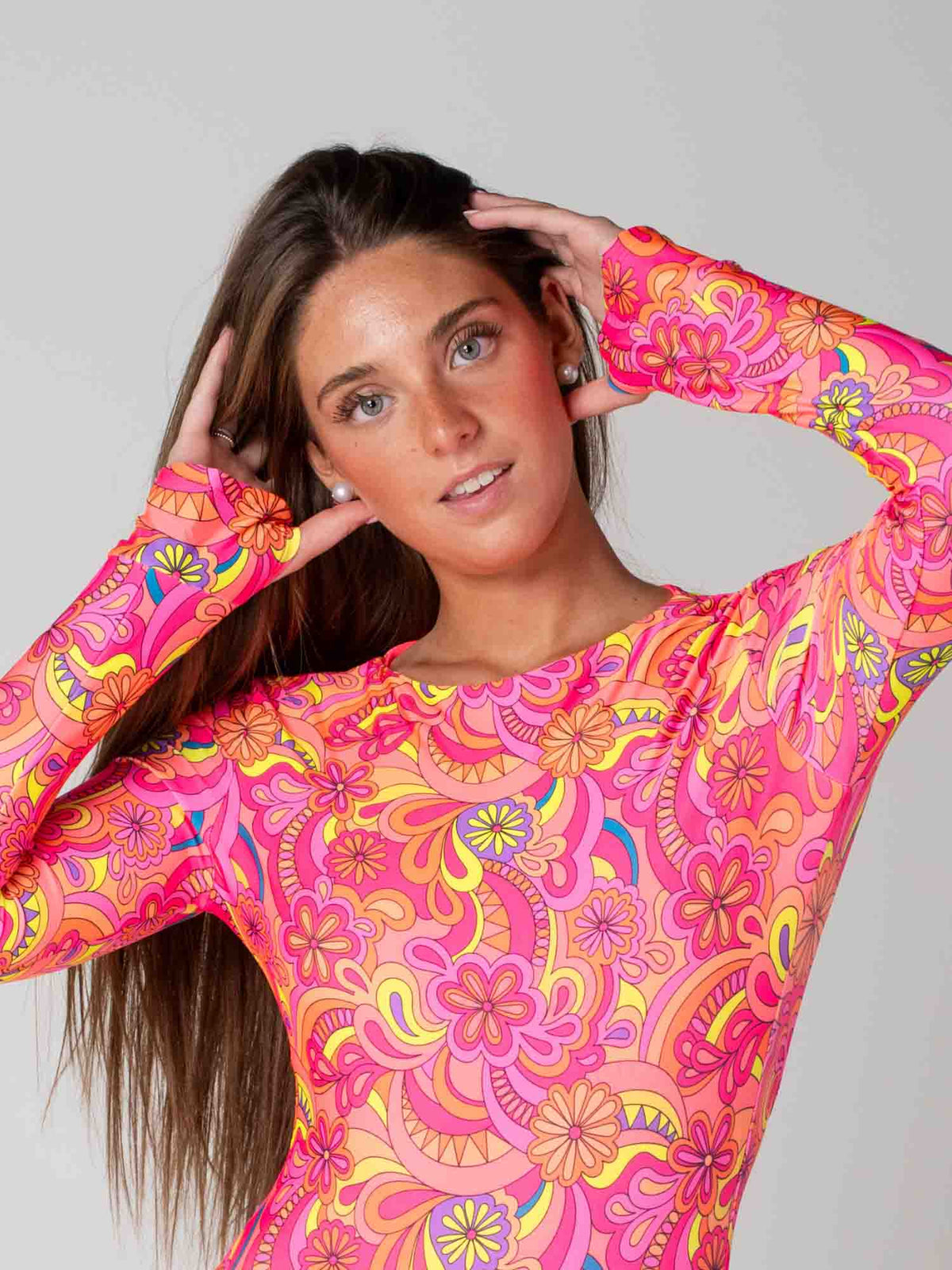 Traje de Baño Surf Daikiri Mujer Manga Larga Floral Naranjo Flúor Protección UV50+ General