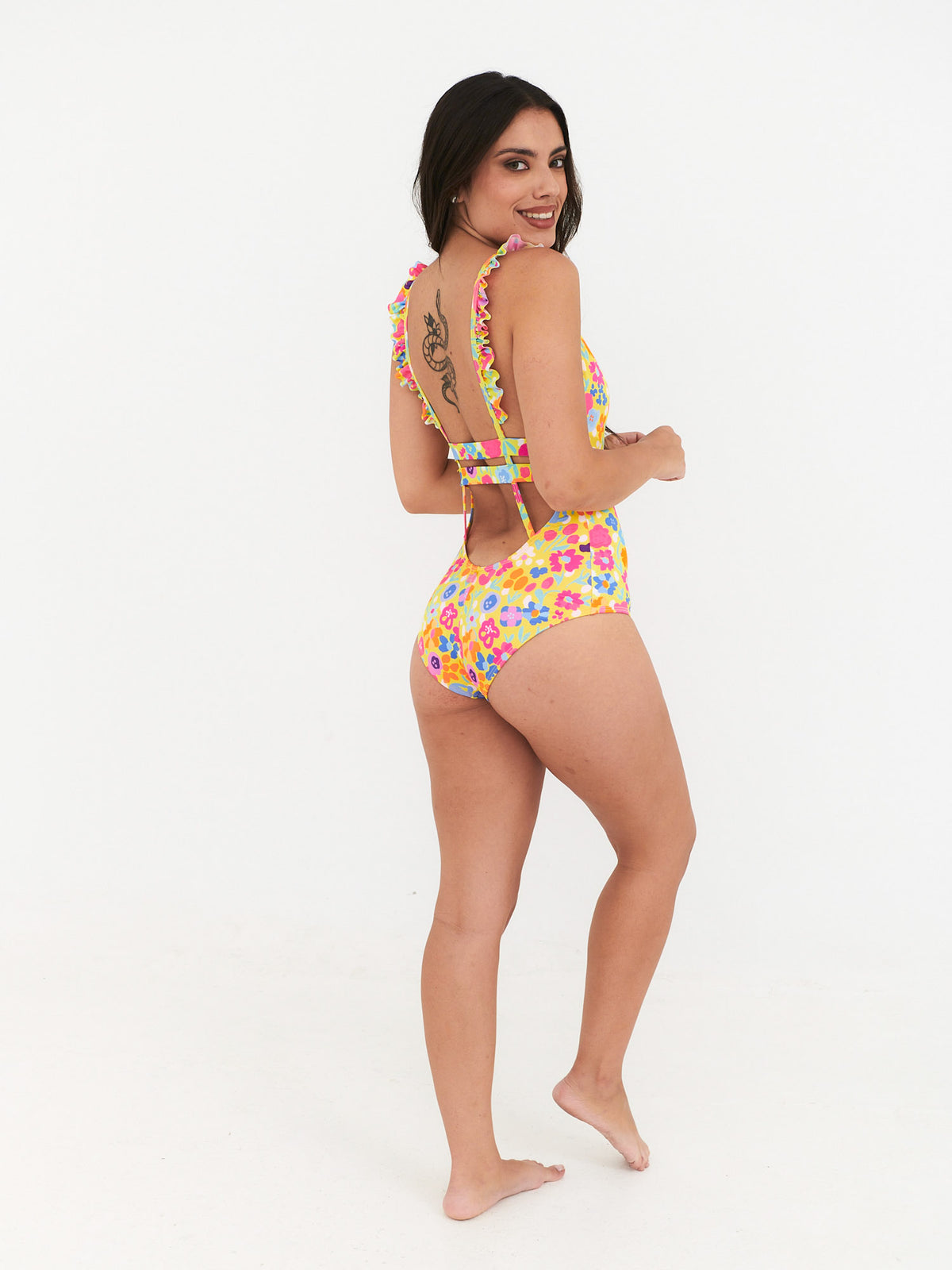 Traje de Baño Daikiri Mujer Vuelos Hombros Flores Amarillo Flúor Protección UV50+ General-Dos