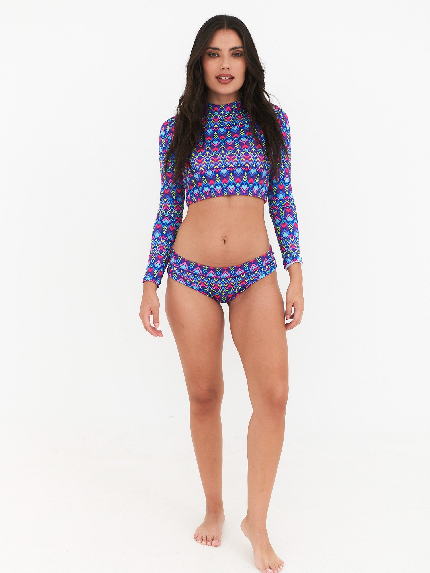Polera Surf Daikiri Mujer Manga Larga Espalda Abierta Geométrico Azul Flúor Protección UV50+ Cuarta