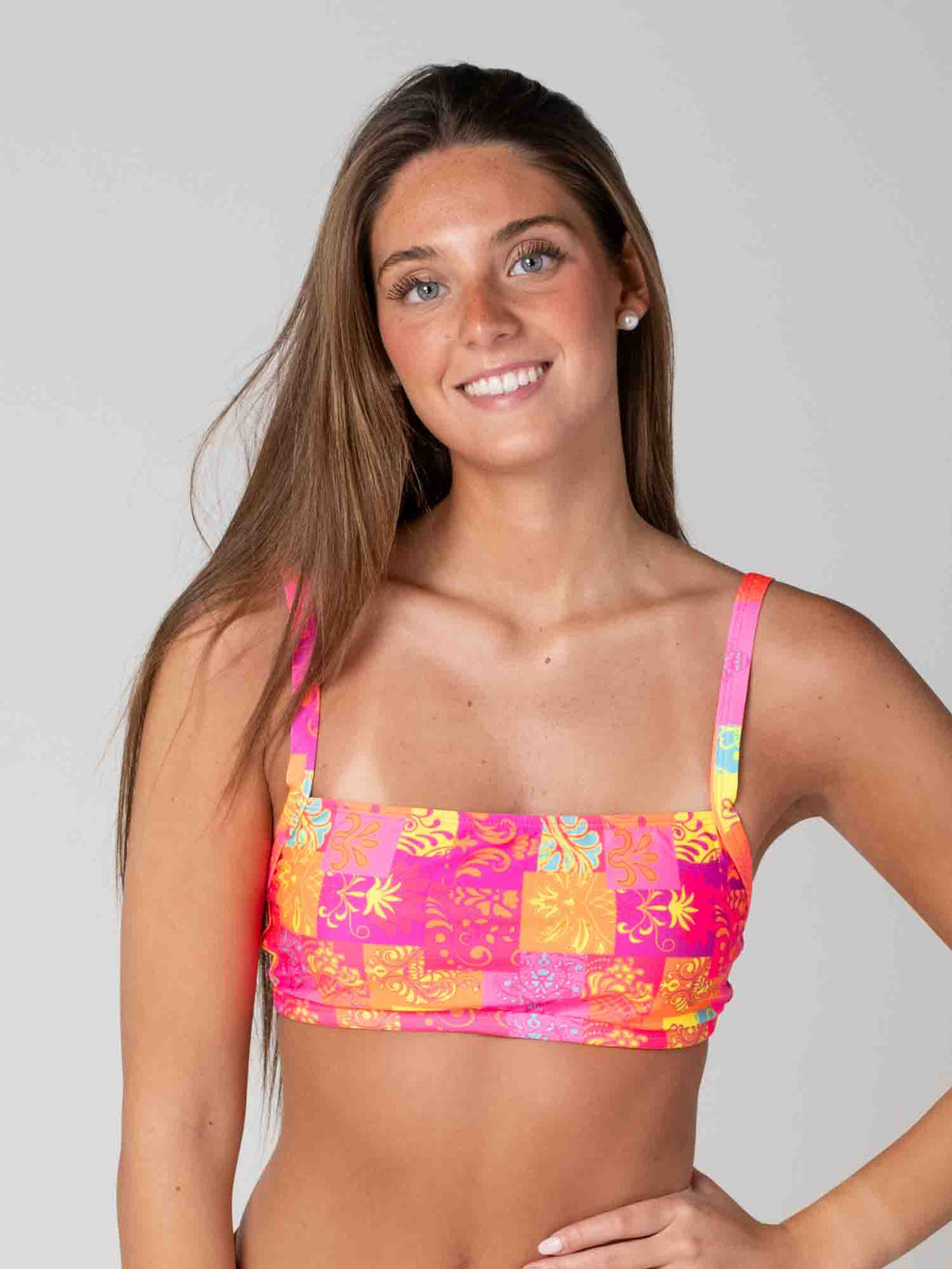 Top de Bikini Daikiri Mujer Escote Cuadrado Ajustable Patchwork Naranjo Flúor Protección UV50+ Delante