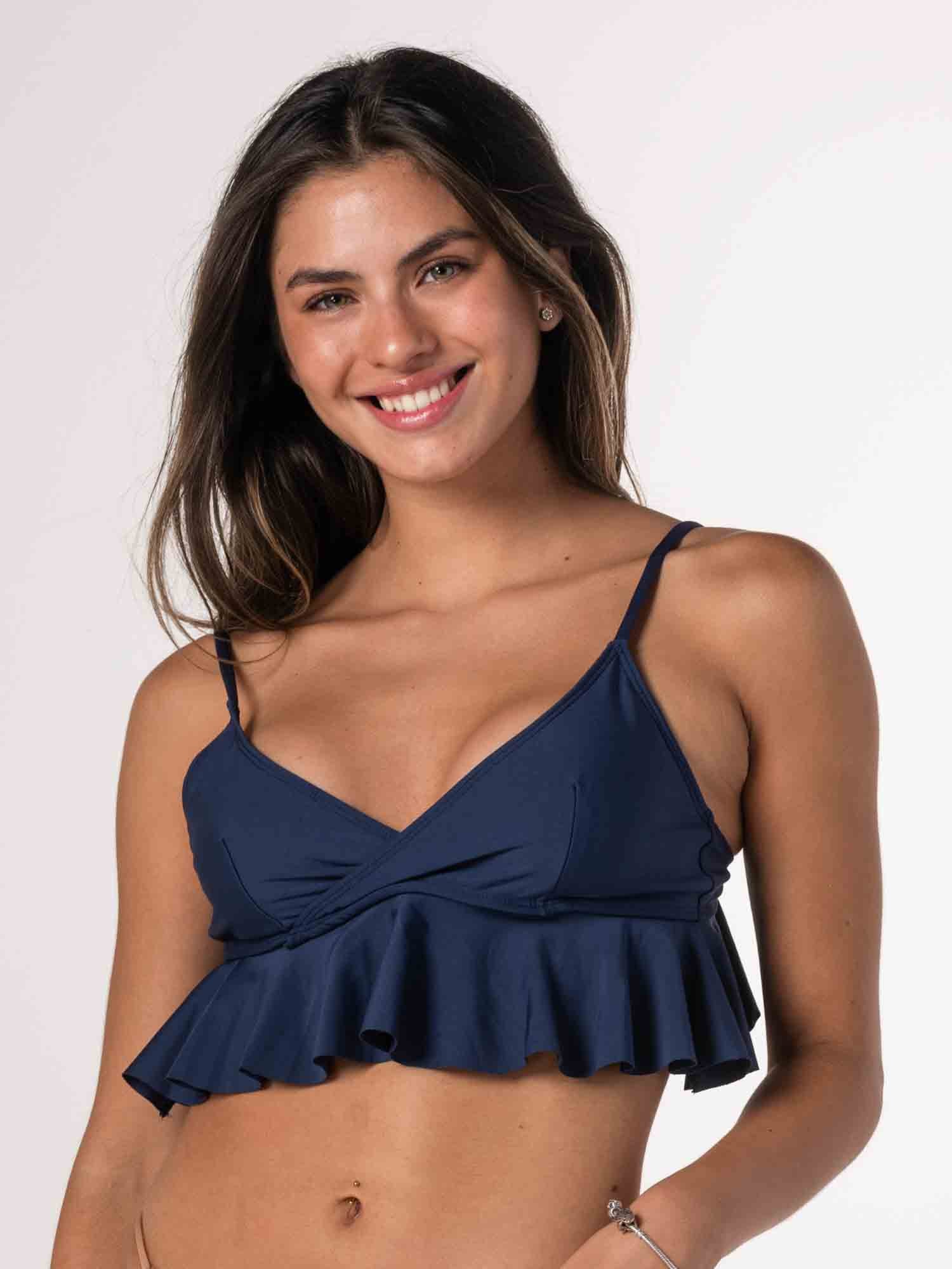 Top de Bikini Daikiri Mujer Triángulo Volados Azul Marino Protección UV50+ Delante