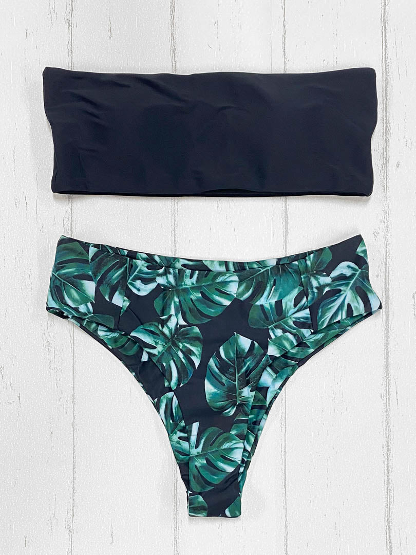 Bikini High Waist Strapless Negro Hojas