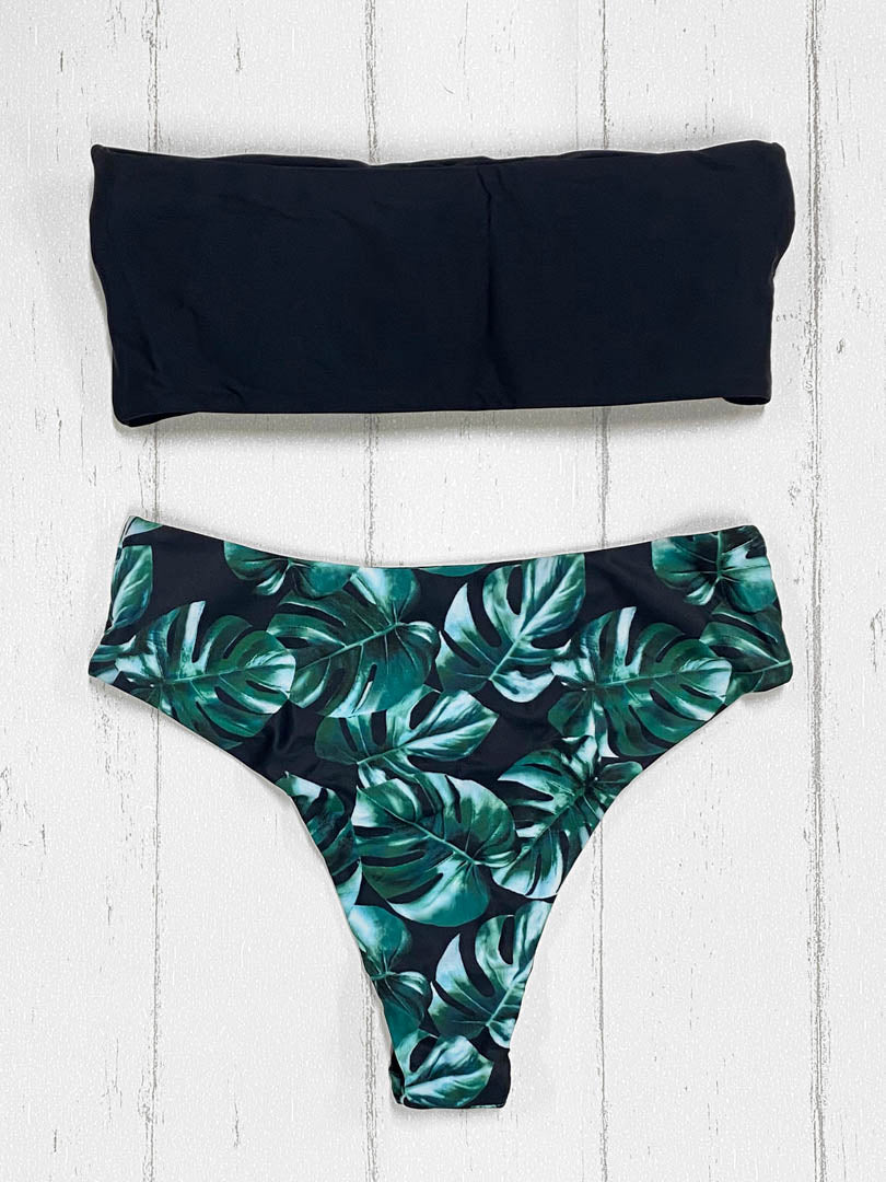 Bikini High Waist Strapless Negro Hojas