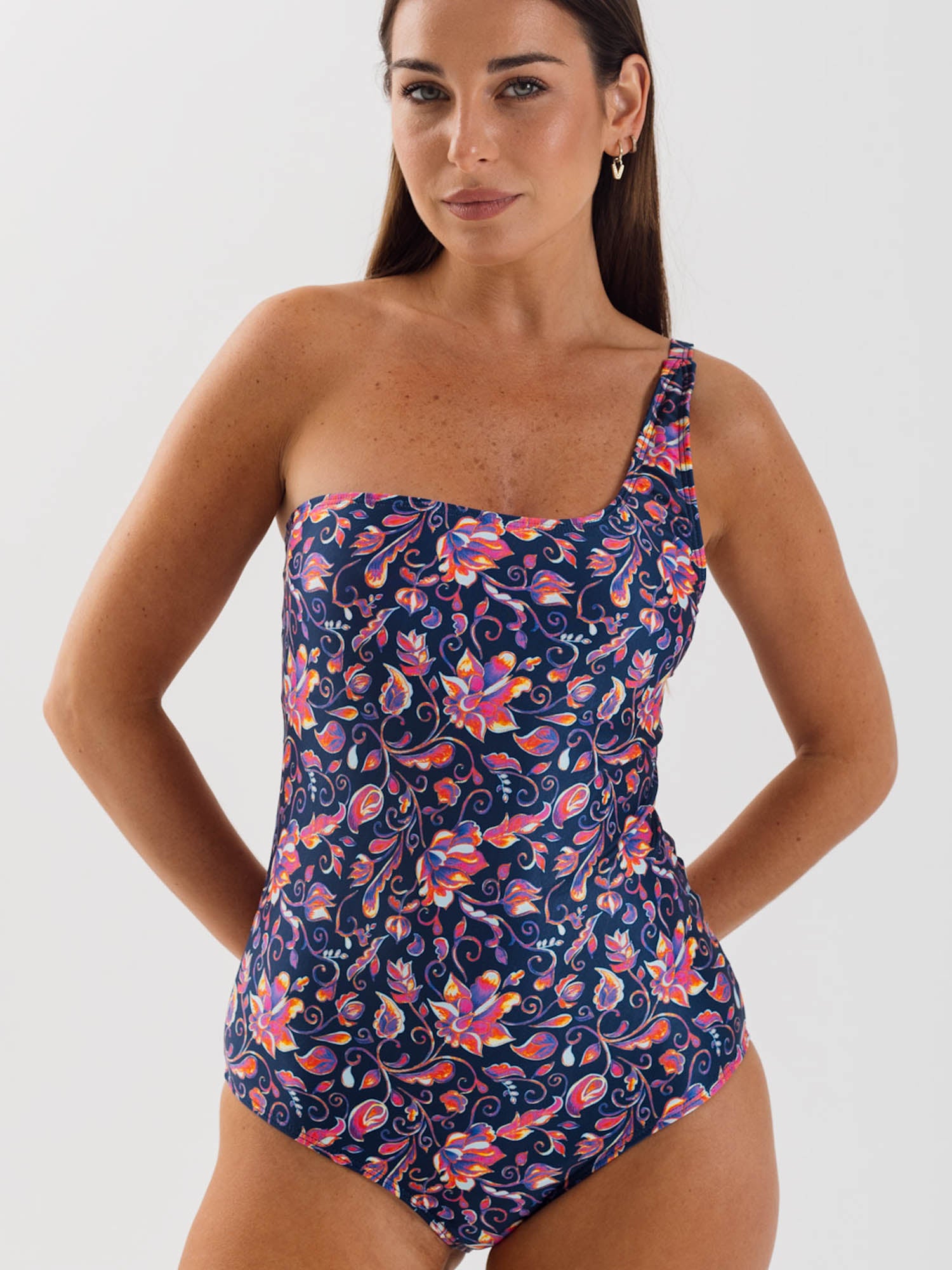 Traje de Baño Daikiri Mujer Un Hombro Flores Azul Flúor Protección UV50+ Delante