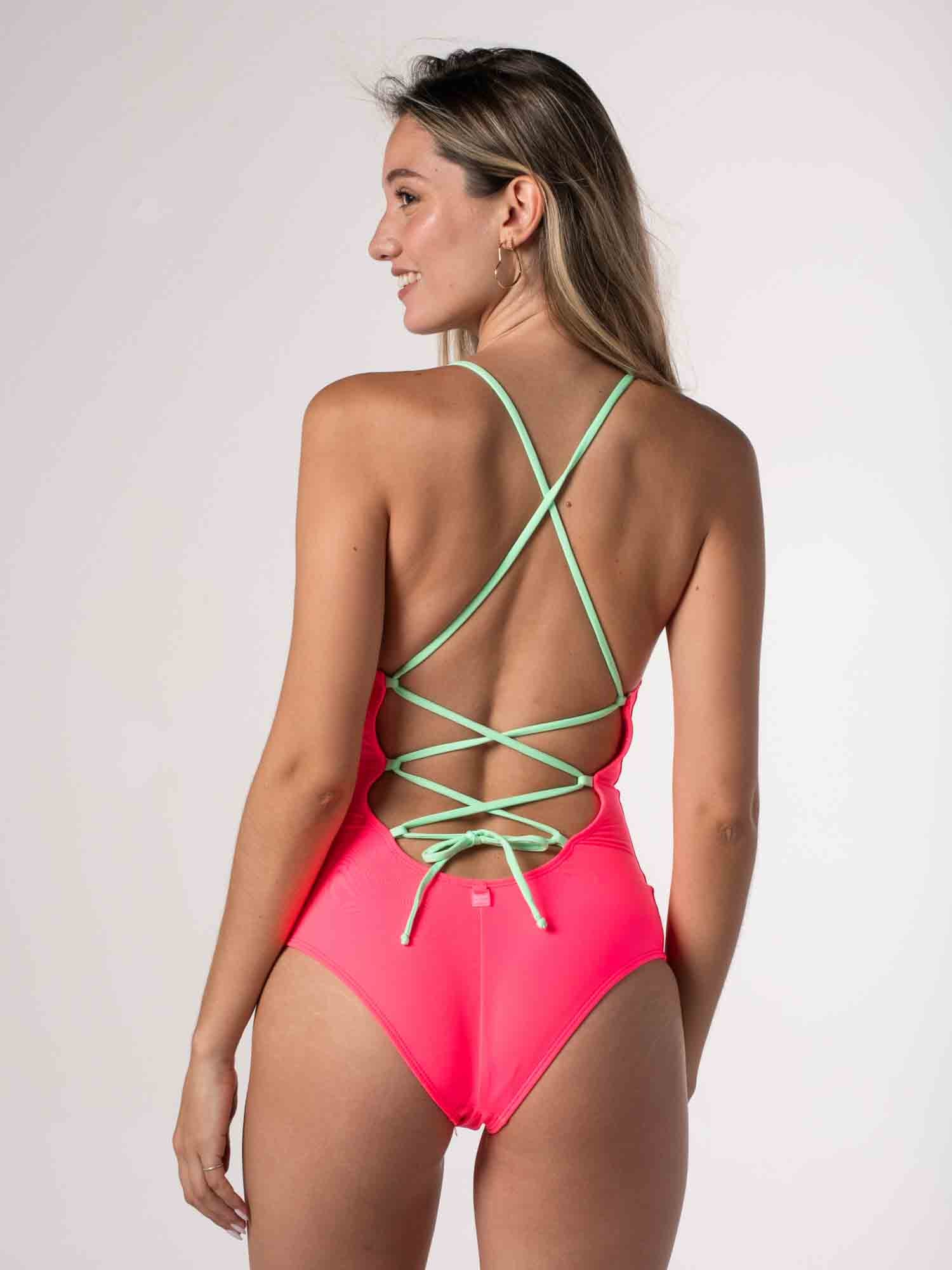 Traje de Baño Daikiri Mujer Amarras Espalda Cruzadas Rosado Fucsia Fluor Verde Menta Protección UV50+ General-Dos