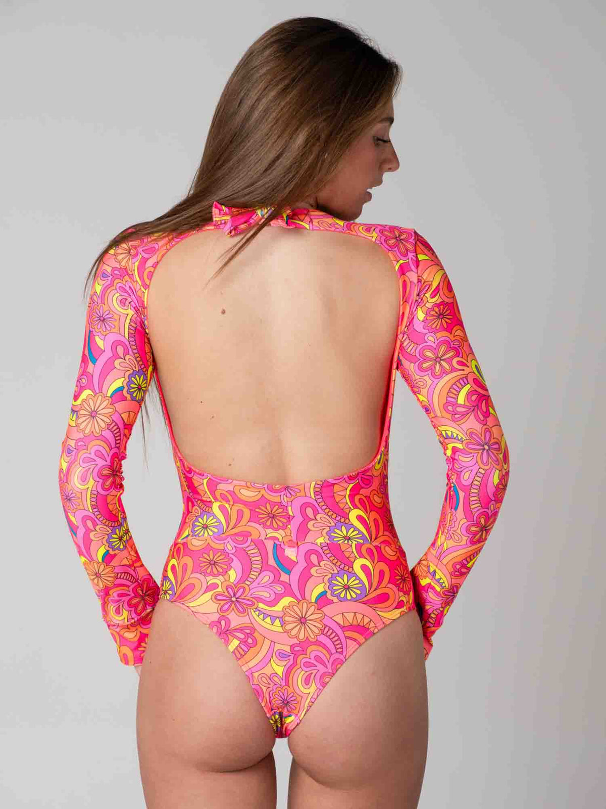 Traje de Baño Surf Daikiri Mujer Manga Larga Floral Naranjo Flúor Protección UV50+ General-Dos