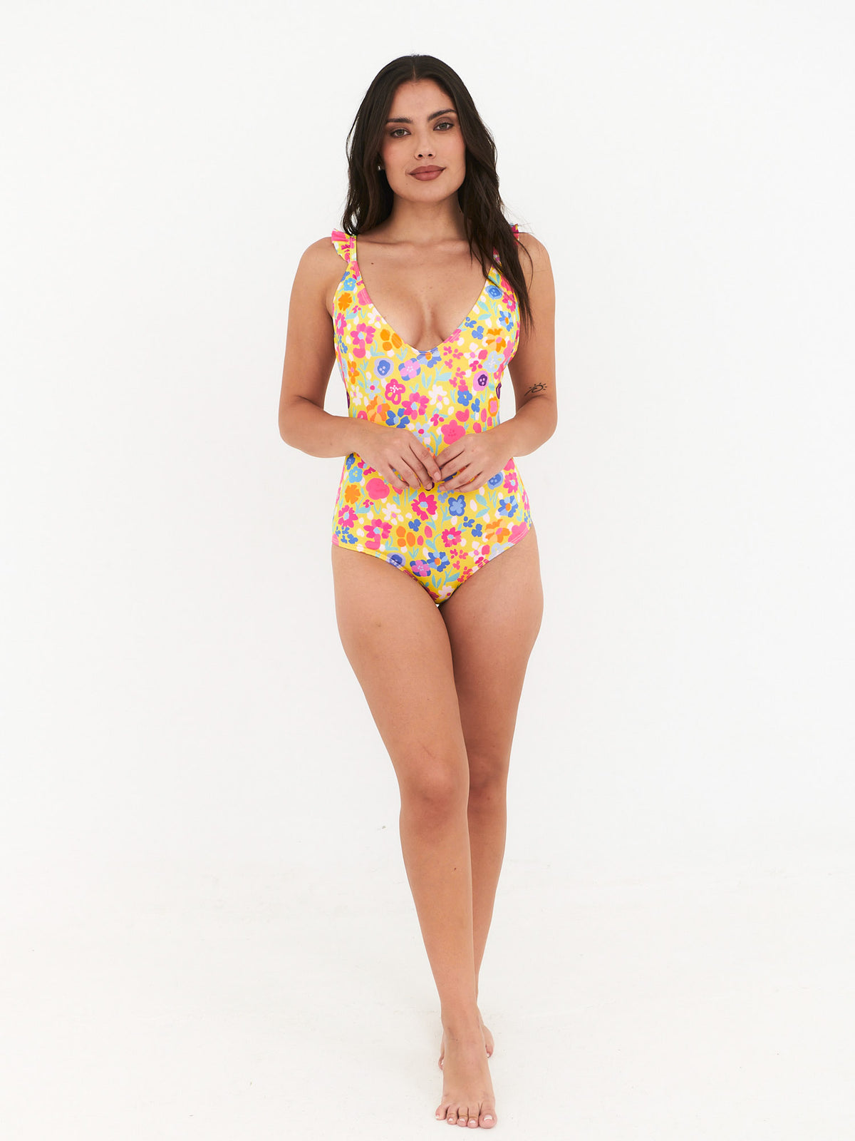 Traje de Baño Daikiri Mujer Vuelos Hombros Flores Amarillo Flúor Protección UV50+ General