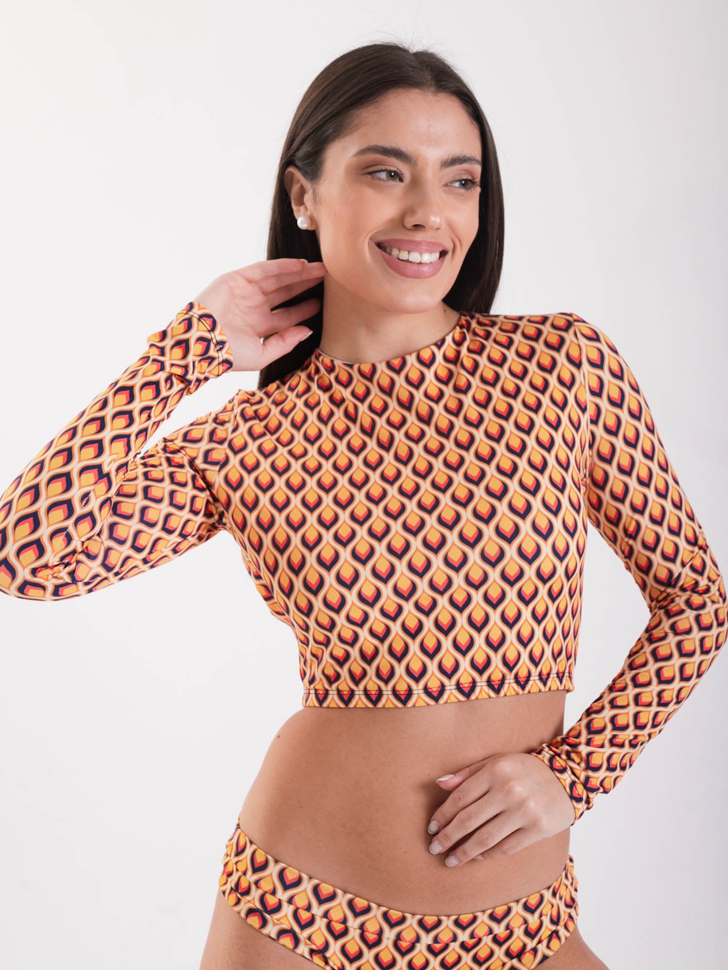 Polera Surf Daikiri Mujer Manga Larga Espalda Abierta Geométrico Naranjo Azul Protección UV50+ Principal