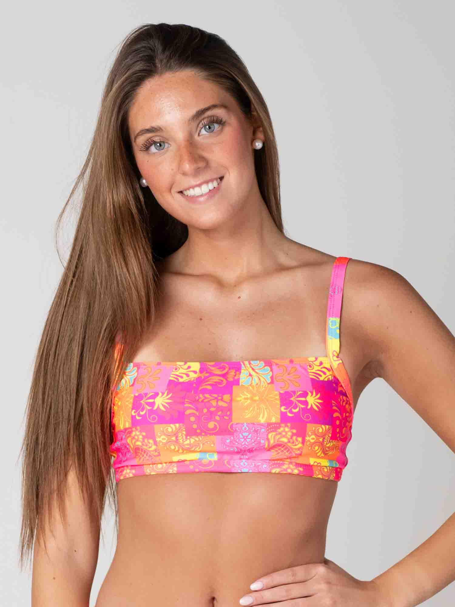Top de Bikini Daikiri Mujer Escote Cuadrado Ajustable Patchwork Naranjo Flúor Protección UV50+ Principal
