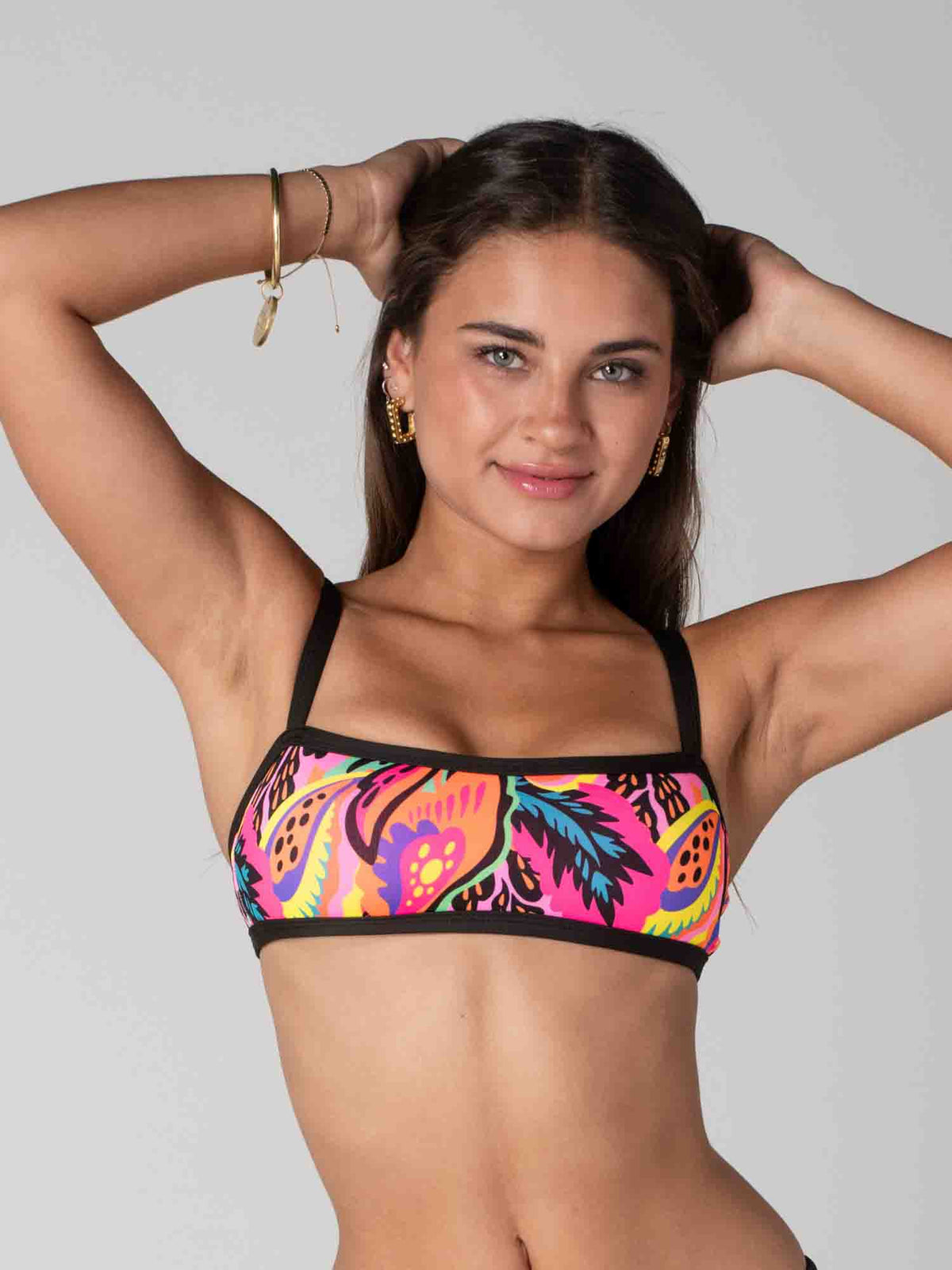 Top de Bikini Daikiri Mujer Tirante Ancho Flores Negro Flúor Protección UV50+ Principal