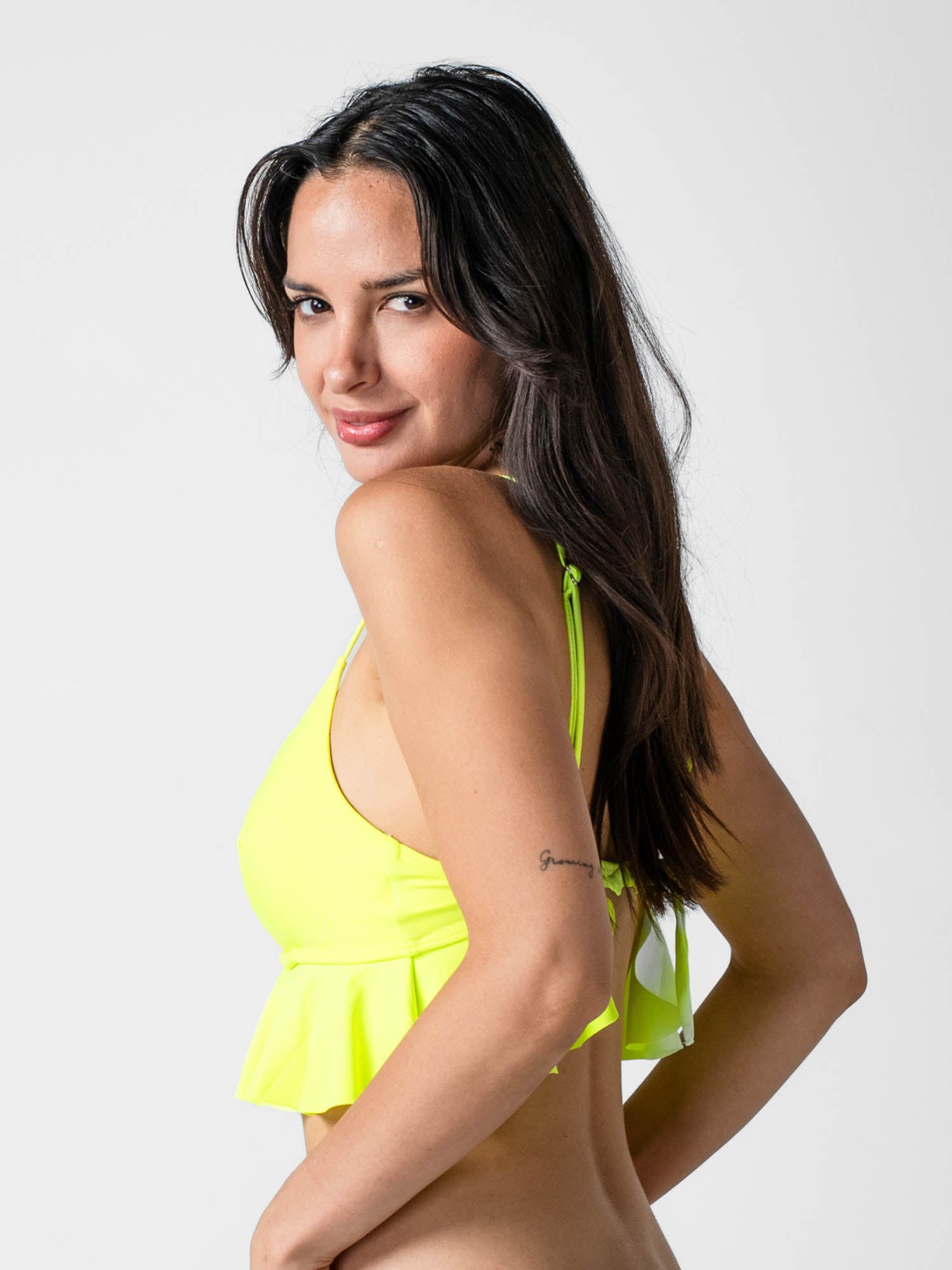 Top de Bikini Daikiri Mujer Triángulo Volados Amarillo Fluor Protección UV50+ Detras